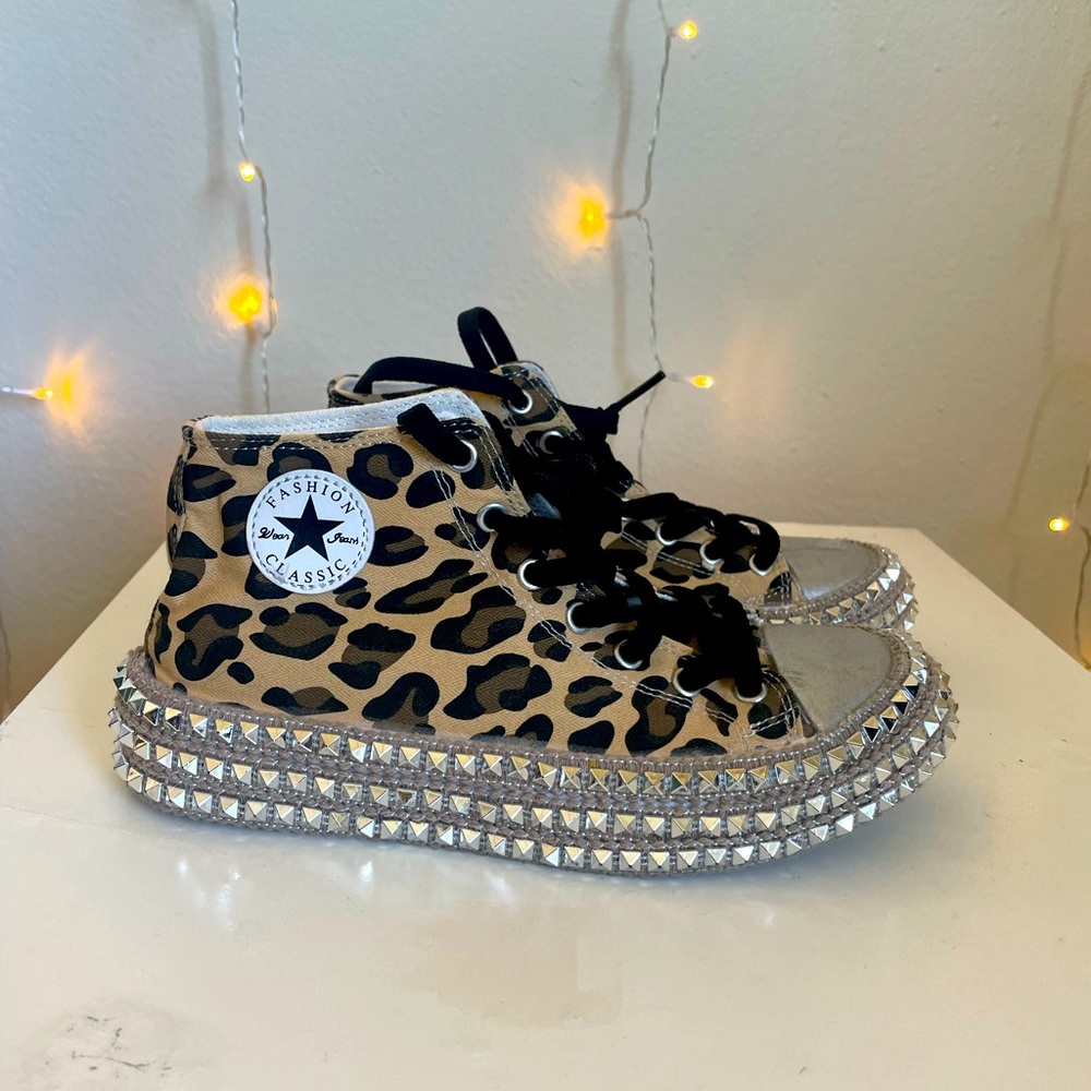 Custom leopard Converse with studded bottoms